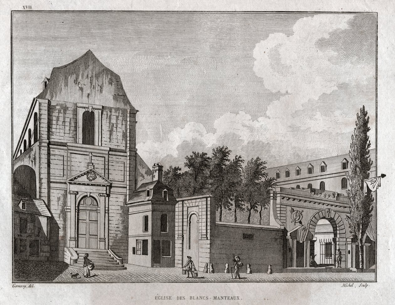 Church of Blancs Coats, Paris. (gravering, ca 1780) av Jean Francois Garneray
