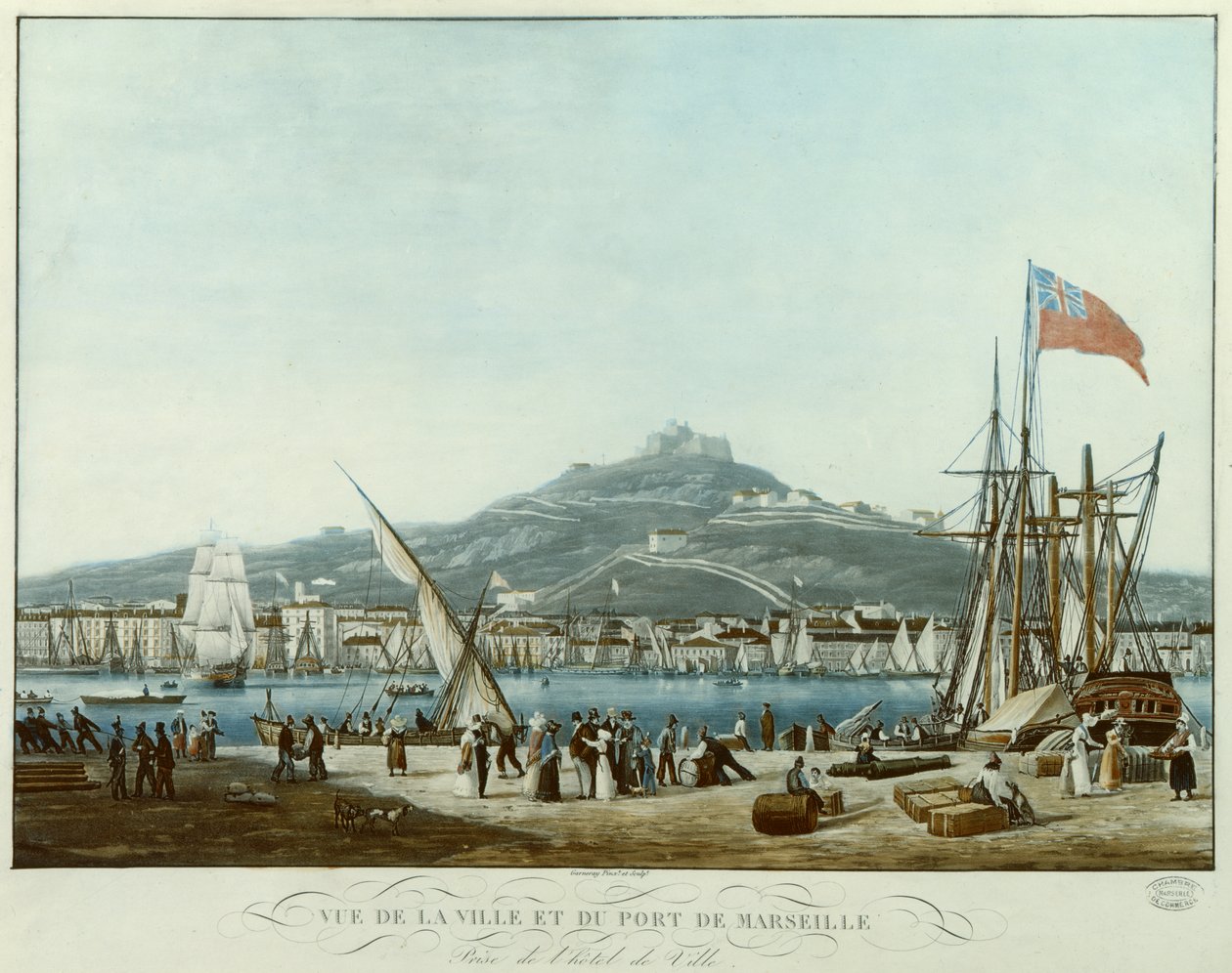Utsikt over byen og havnen i Marseille fra rådhuset, ca. 1815-30 (akvatint) av Jean Francois Garneray