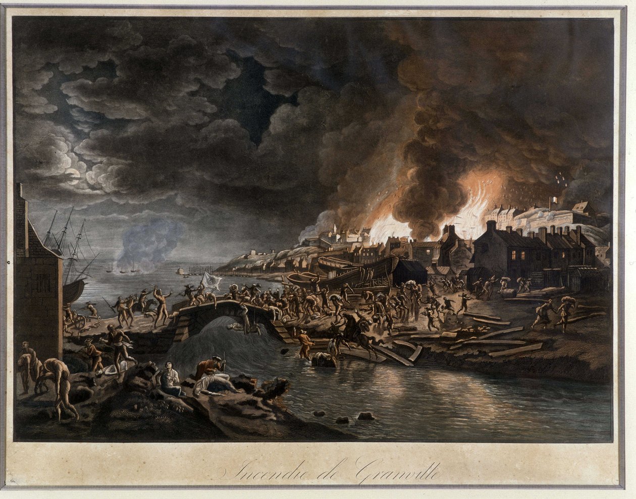 Granville i flammer beleiret av Vendéans, basert på maleri av J. François Hue, ca. 1800. av Jean Francois Hue