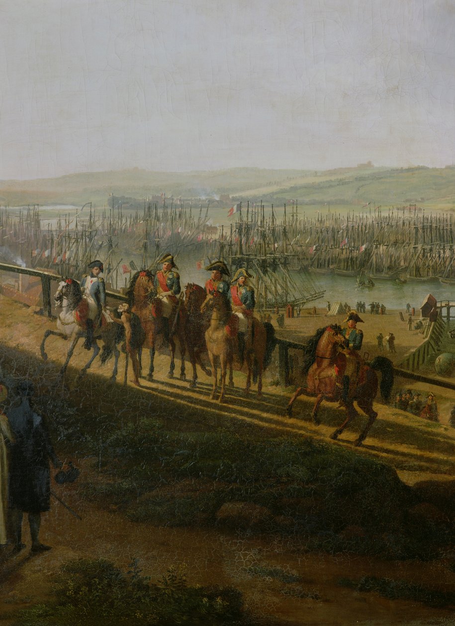 Napoleon Bonaparte (1769-1821) Besøker leiren i Boulogne i juli 1804, detalj av Napoleon og flottiljen, 1806 av Jean Francois Hue