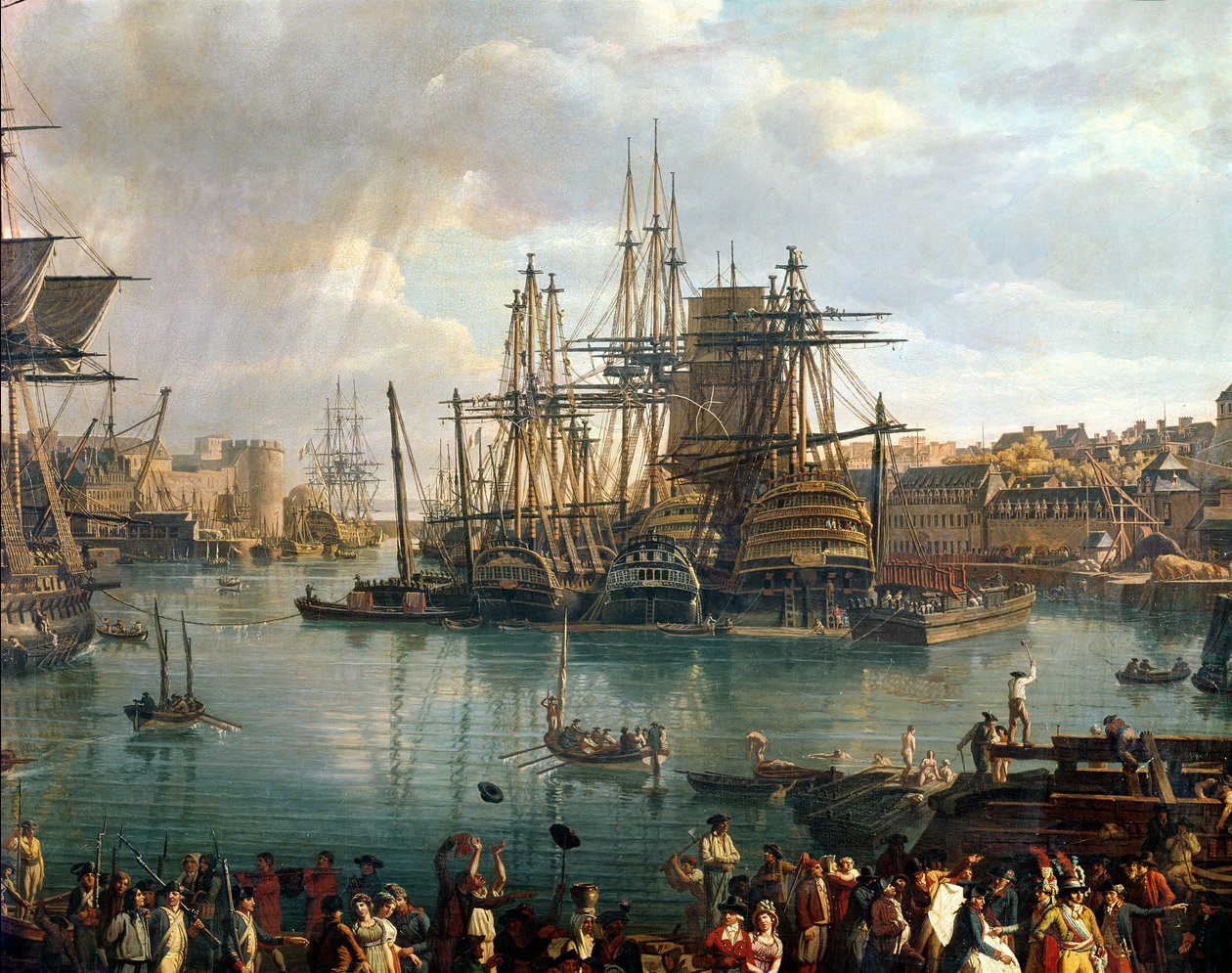 Brest havn med utsikt over frakt, 1794 detalj av 95402 olje på lerret av Jean Francois Hue