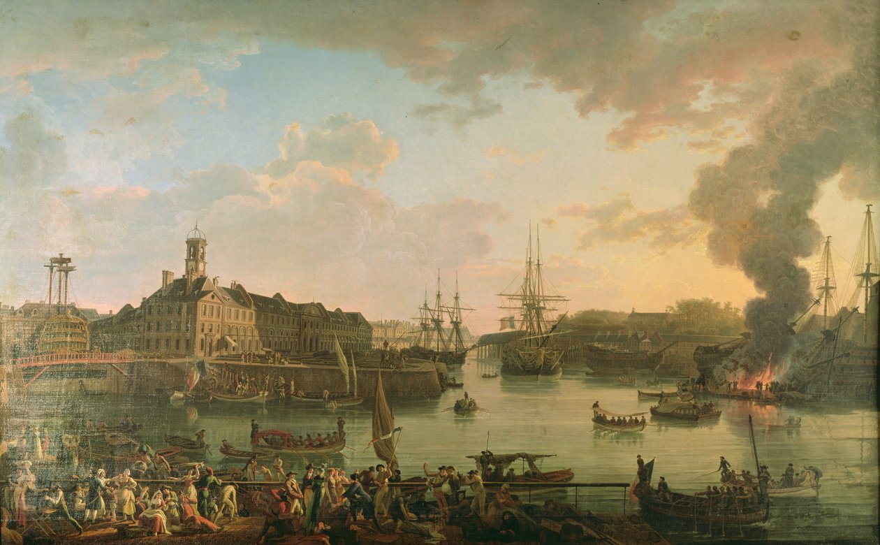 Utsikt over havnen i Brest fra de overbygde bryggene i 1795, 1795 av Jean Francois Hue