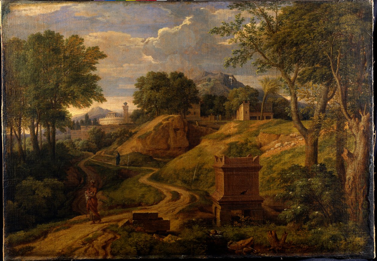 Klassisk landskap med en kvinne som bærer et barn, ca. 1650-75 (olje på lerret) av Jean Francois I Millet