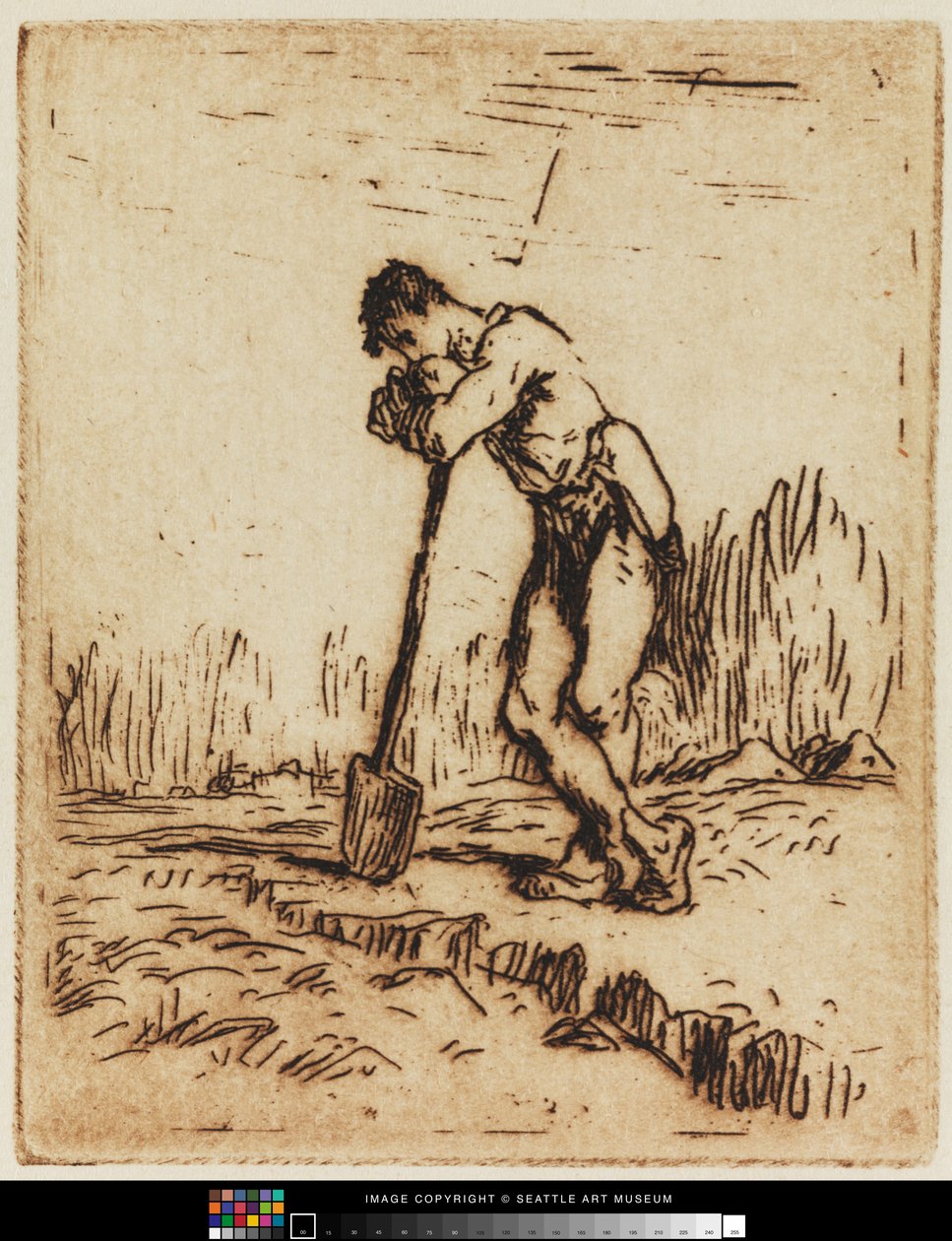 Mann som lener seg på spaden av Jean Francois I Millet