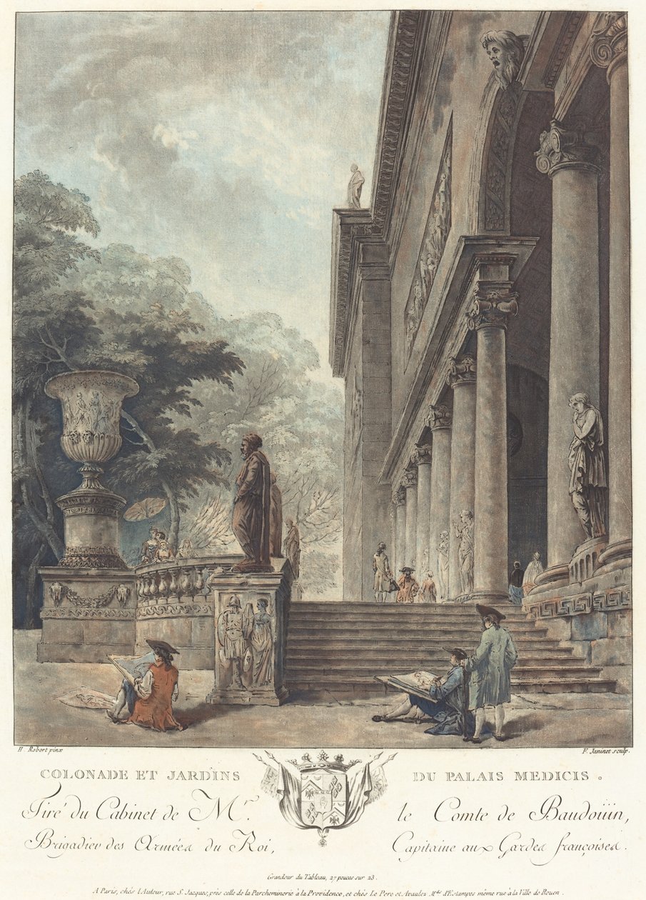 Kolonnaden og hagene til Medici-palasset, ca. 1776 av Jean Francois Janinet
