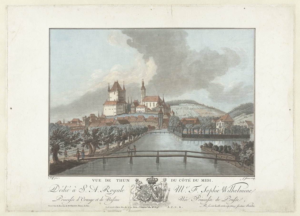 Utsikt på Thun Utsikt over Thun fra sørsiden (tittel på objekt) Bemerkelsesverdig utsikt over fjellene i Sveits (serietittel) av Jean Francois Janinet