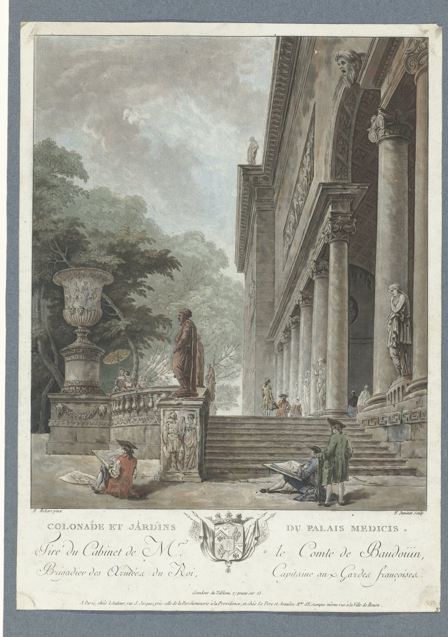 Utsikt over Villa Medici Colonade et jardins du Palais Medicis (tittel på objekt) av Jean Francois Janinet