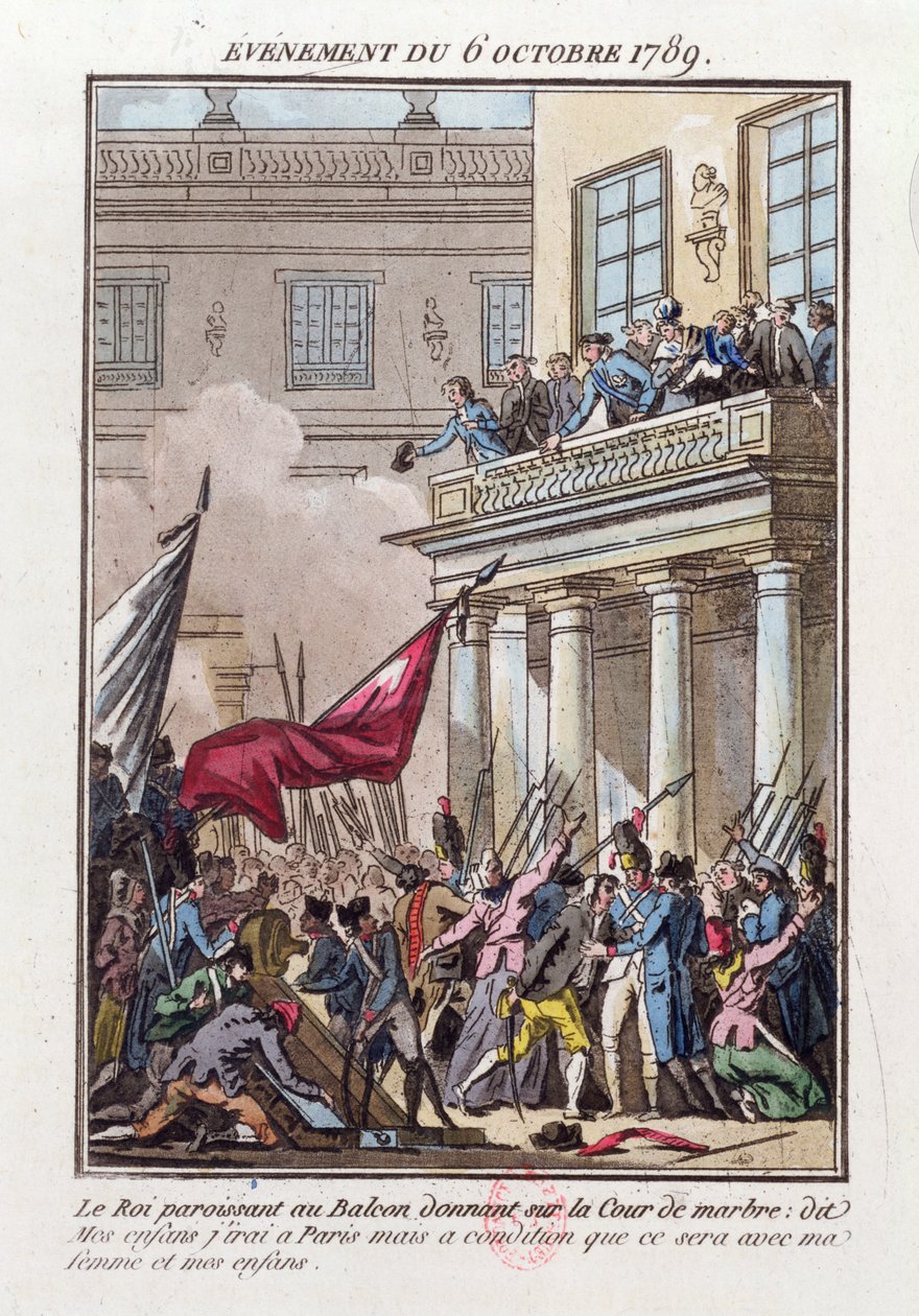 Louis XVI dukket opp på balkongen i Versailles 6. oktober 1789 for å fortelle den parisiske mobben at han vil dra til Paris på betingelse av at hans kone og familie reiser med ham av Jean Francois Janinet