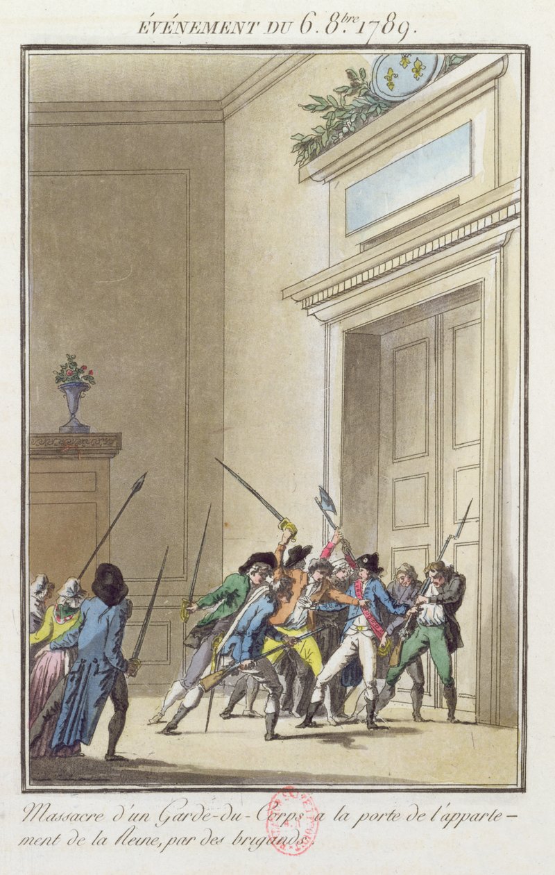 Mob av parisere som angriper og dreper vakten ved inngangen til dronningens leiligheter i Versailles 6. oktober 1789 av Jean Francois Janinet
