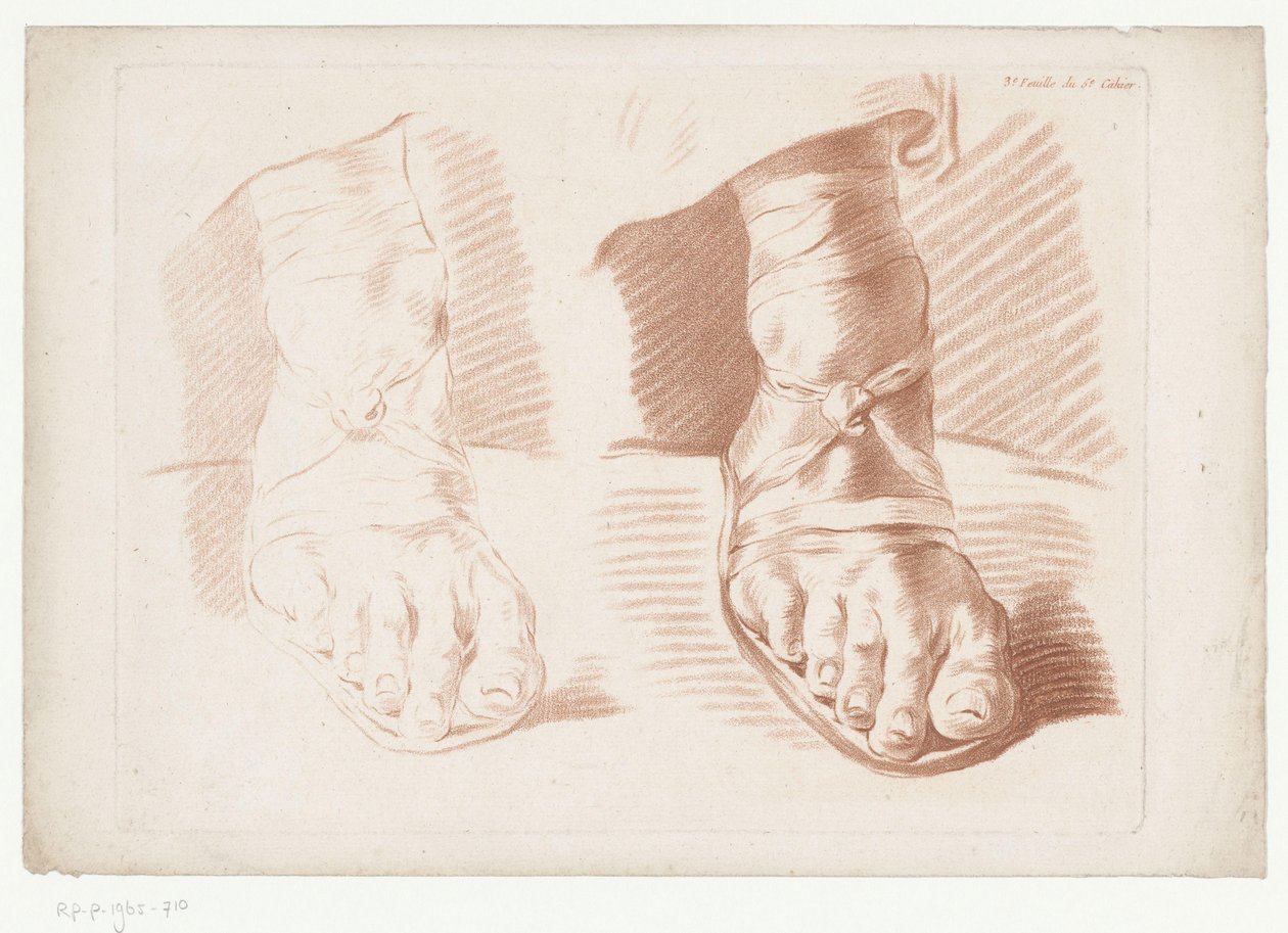 To fot i sandaler 3.e Feuille du 5.e Cahier. (tittel på objekt) Komposisjoner med deler av menneskekroppen (serietittel) Cinquième Cahier de Principes de Dessein (serietittel) av Jean Francois Janinet