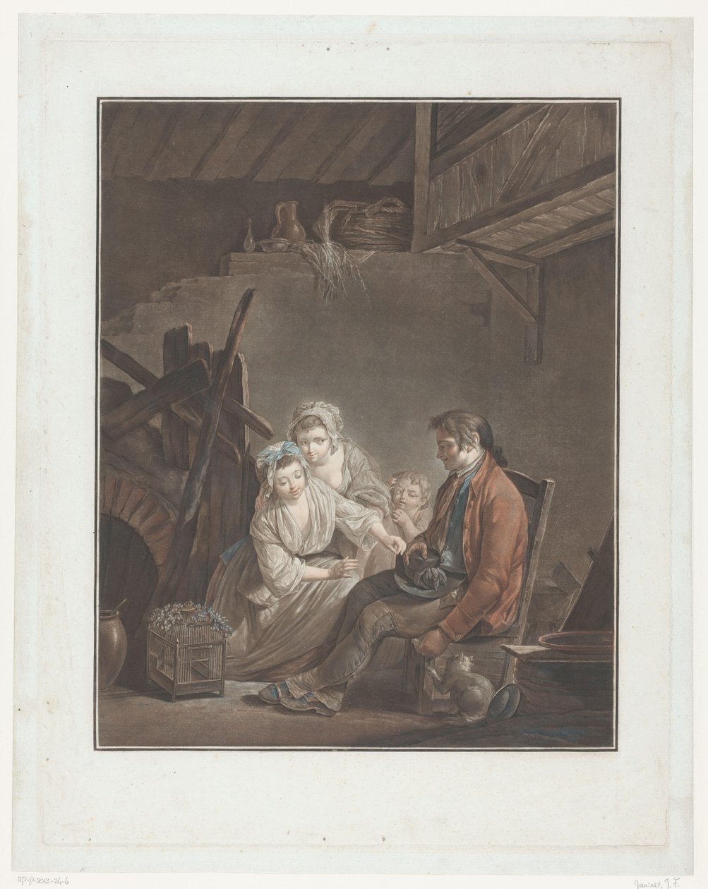 To kvinner og et barn med en mann som gjemmer en fugl L