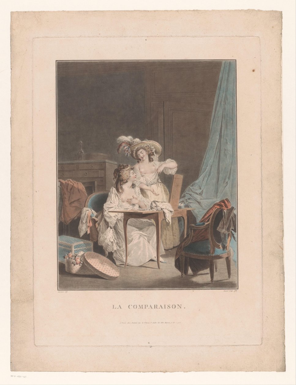 To kvinner med bare bryster foran et speil La sammenligning (tittel på objekt) av Jean Francois Janinet