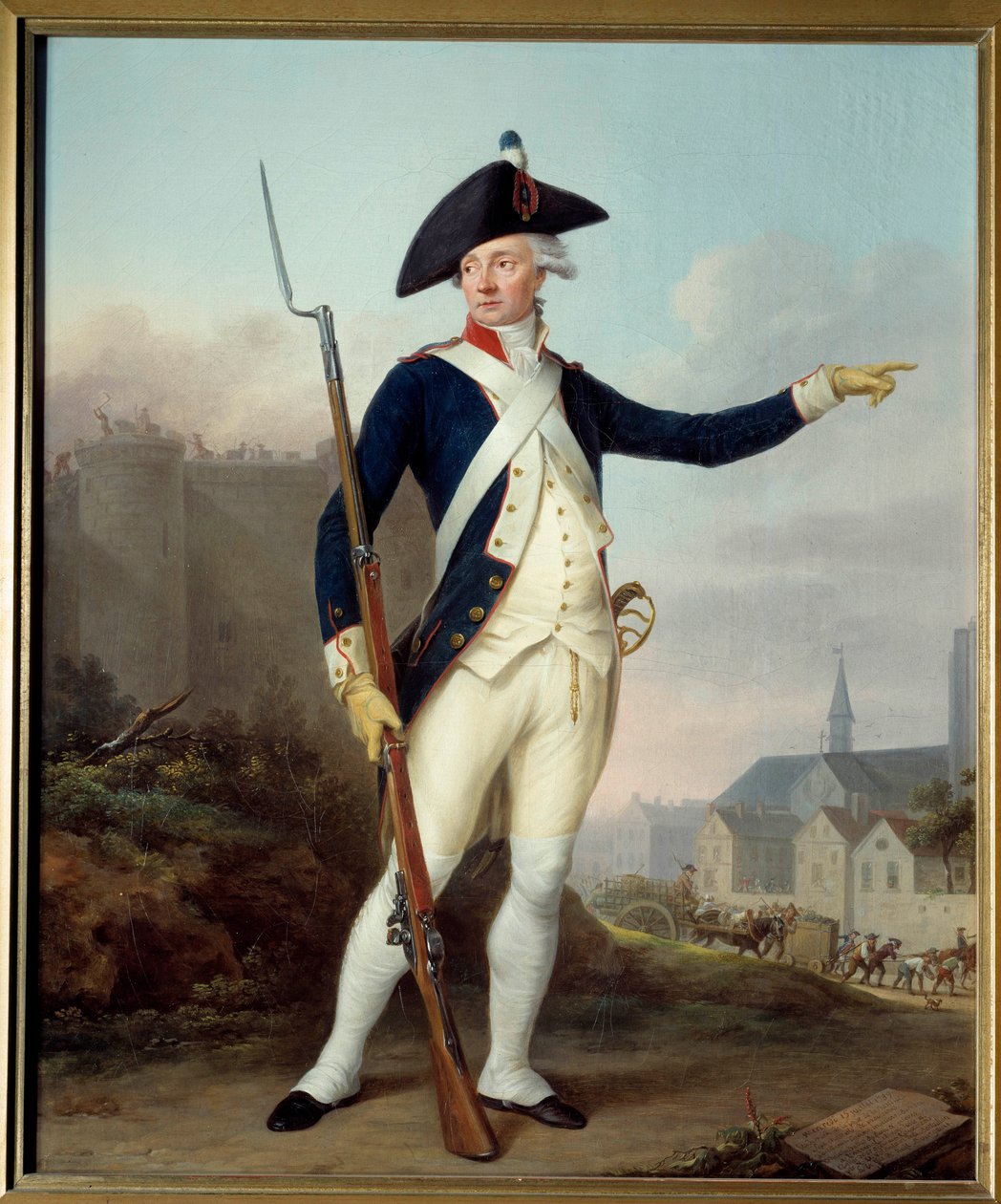 Fransk revolusjon: "" Portrett i full lengde av borger Nau Deville i nasjonalgardeuniform (i bakgrunnen riving av Bastillen) av Jean Francois Marie Bellier