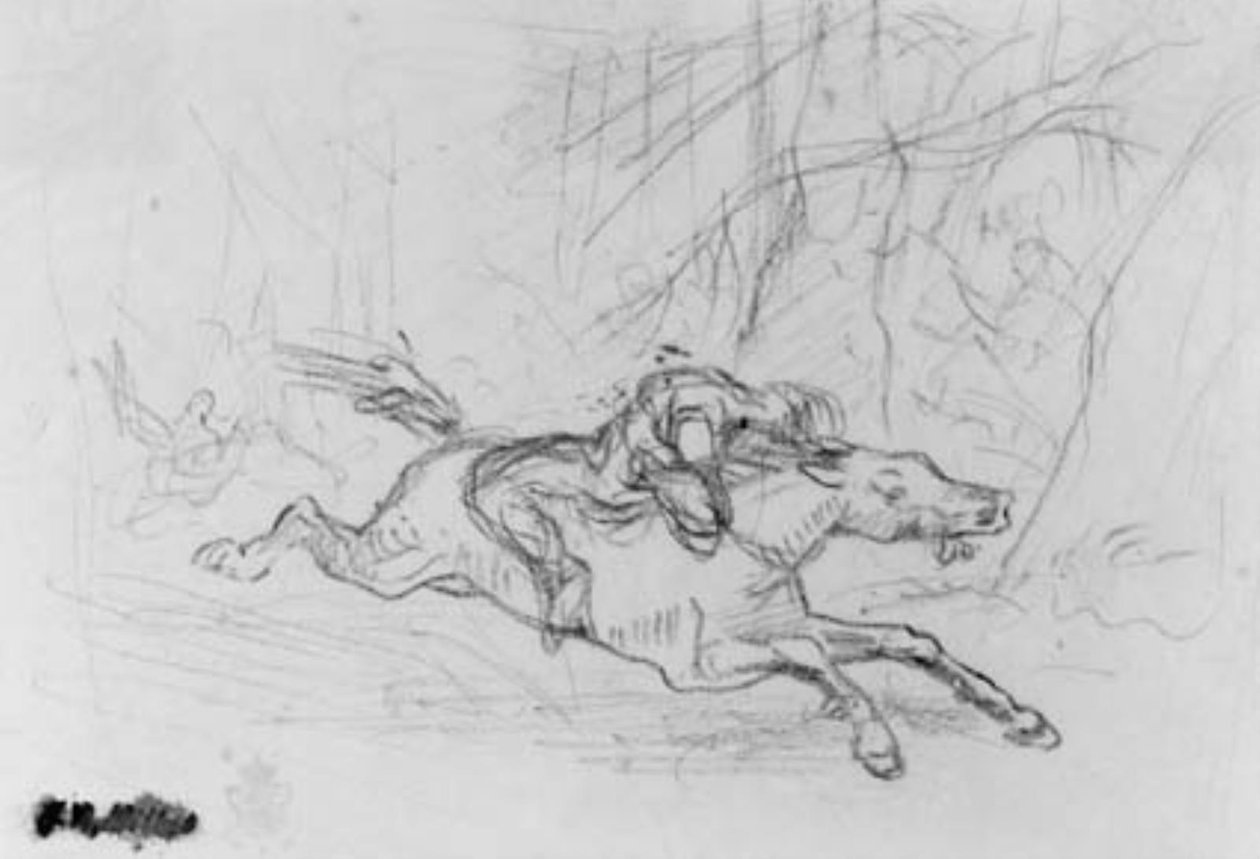 Mann bakfra på villhest i en skog. Simon Butler av Jean Francois Millet