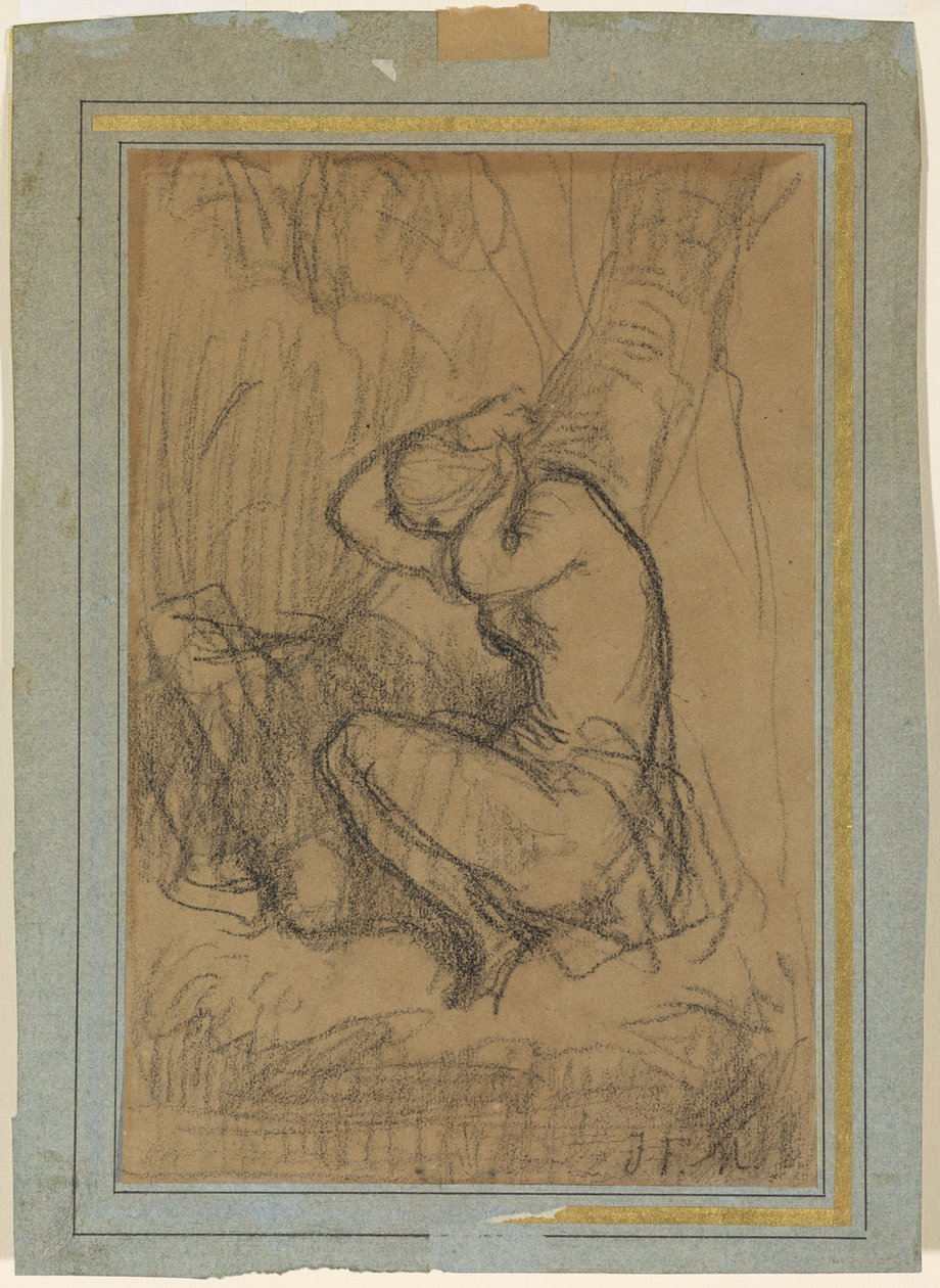 Ung kvinne fester det lange håret sitt etter badet av Jean Francois Millet