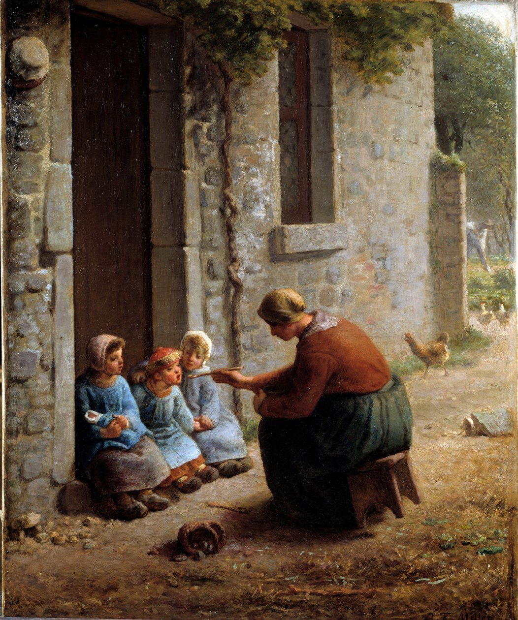 La becquee eller bonde som mater barna hennes. Maleri av Jean Francois Millet (1814-1875) av Jean Francois Millet