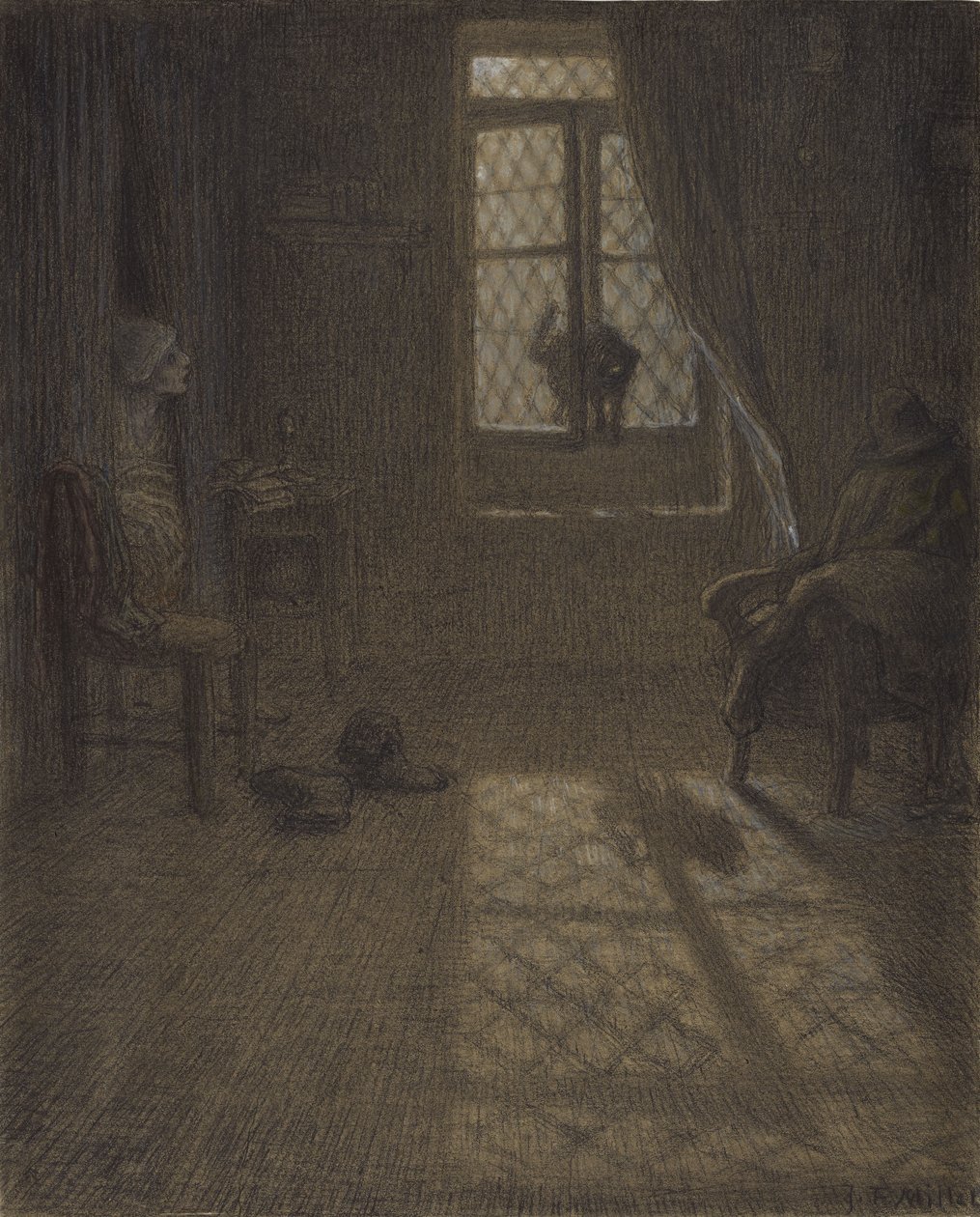 Le chat eller The Cat at the Window, 1857-58 (conté fargestift og pastell med stumping og blanding, festet på vevd papir) av Jean Francois Millet