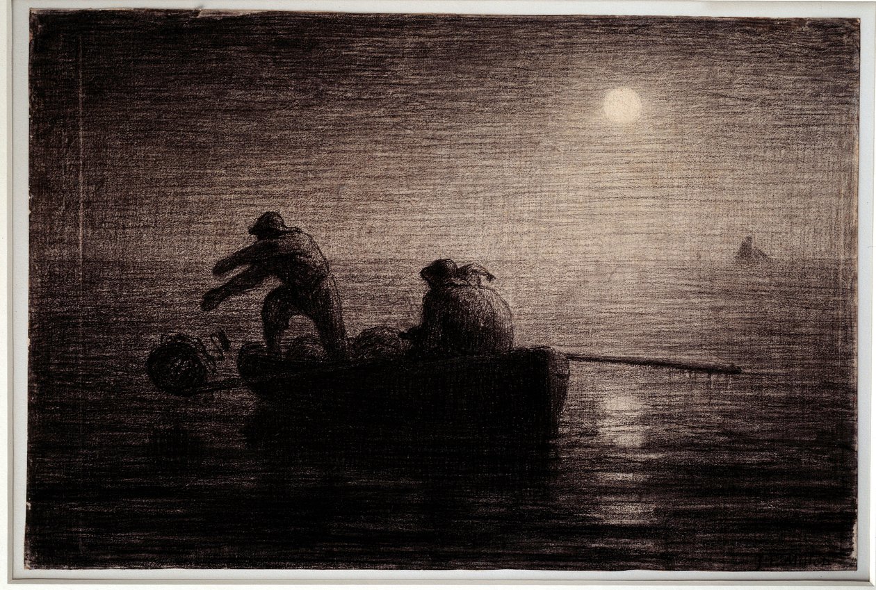 Hummerfiskere kaster leire, natteffekt Svart blyanttegning av Jean Francois Millet (1814-1875), ca. 1856-1858. Dim. 0,32 x 0,49 m Paris. Orsay museum av Jean Francois Millet