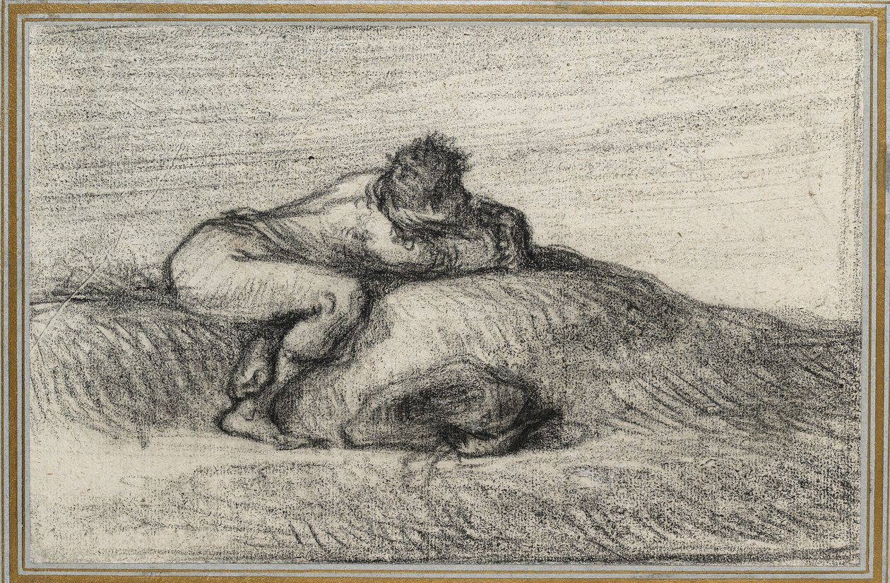 Mann på huk på en bakke, 1848 - 1850 (svart fargestift på off-white papir, lagt ned på lyseblått papir kantet med tre gulllinjer) av Jean Francois Millet