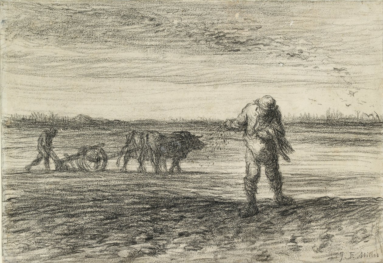 Mann som pløyer og en annen såing, 1849-1852 av Jean Francois Millet