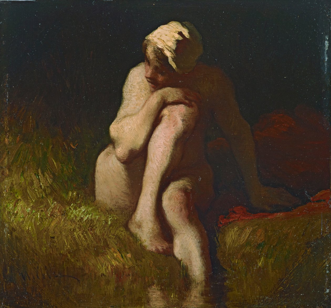 Naken bondepike sitter på bredden av en bekk av Jean Francois Millet