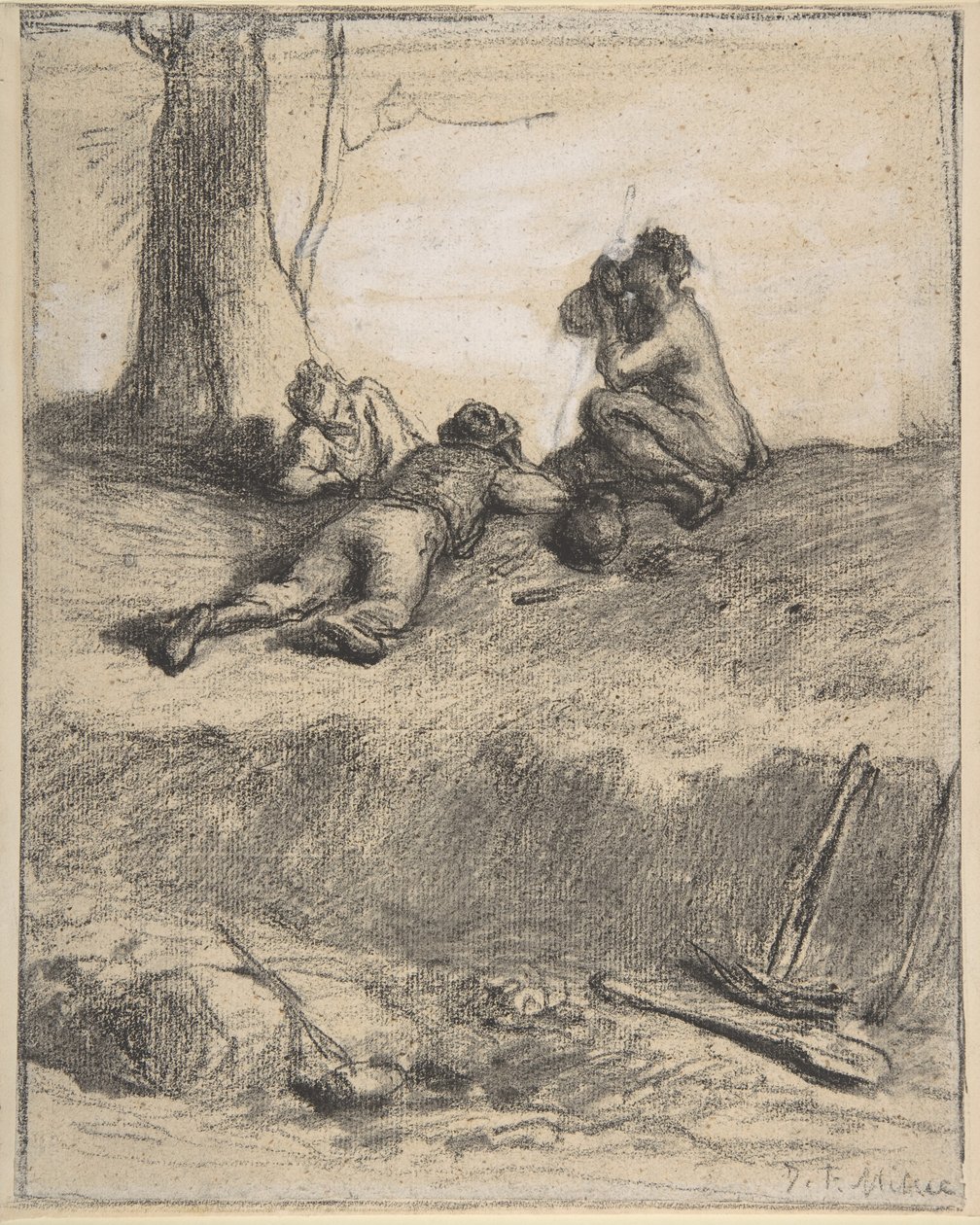 Veiarbeidere ved lunsj, ca. 1850-52 (conte fargestift med gouache, på lagt papir) av Jean Francois Millet