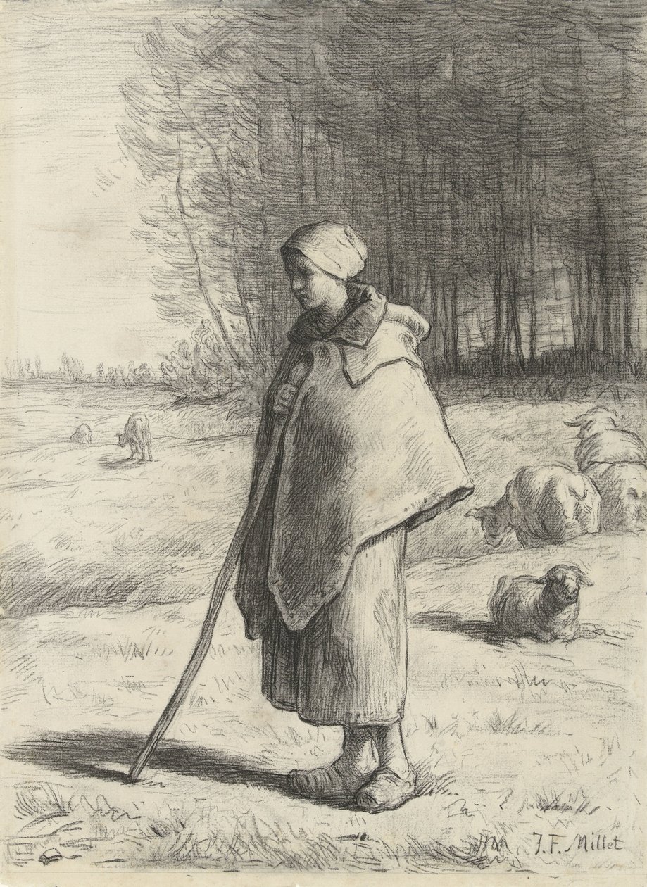 Gjeterinne lener seg på en pinne av Jean Francois Millet