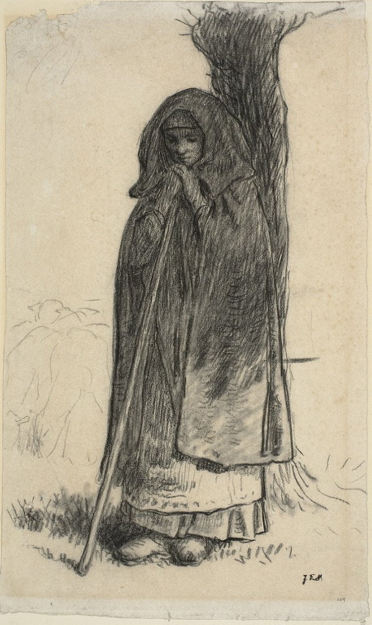 Gjeterinne lener seg mot et tre av Jean Francois Millet