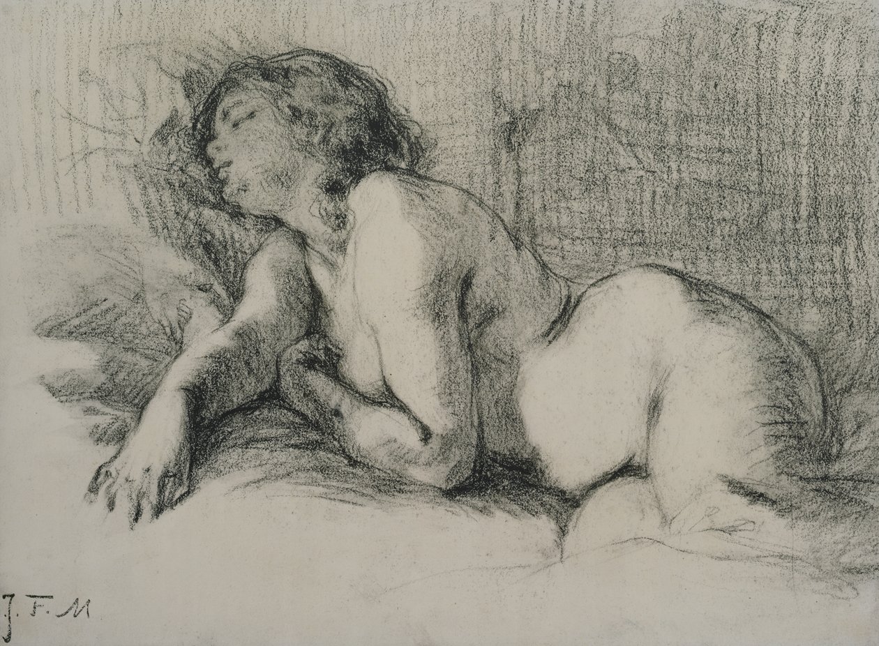 Studie av en liggende naken kvinne (kull på papir) av Jean Francois Millet