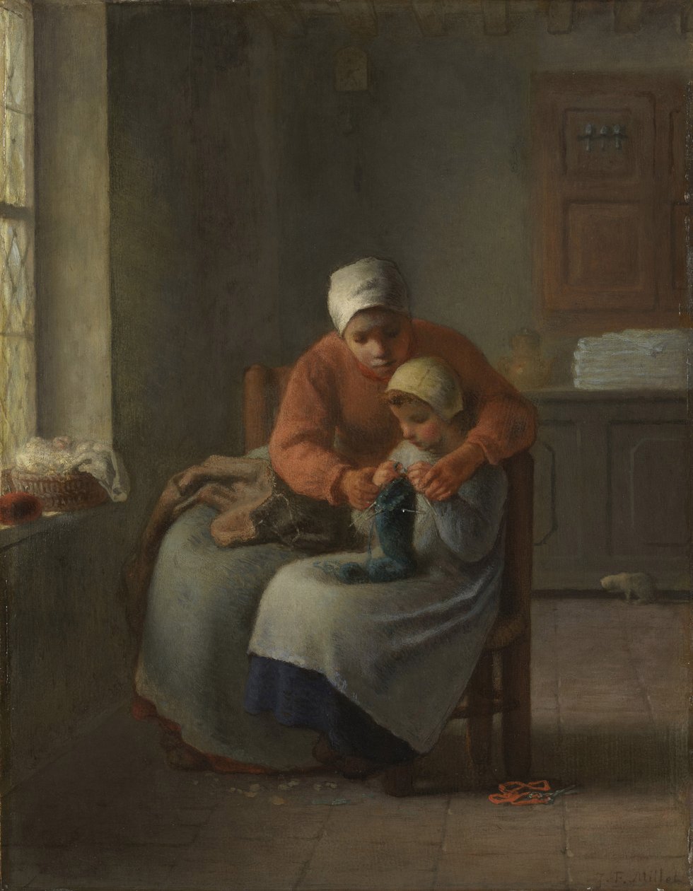 Strikkeleksjonen, ca. 1860 av Jean Francois Millet