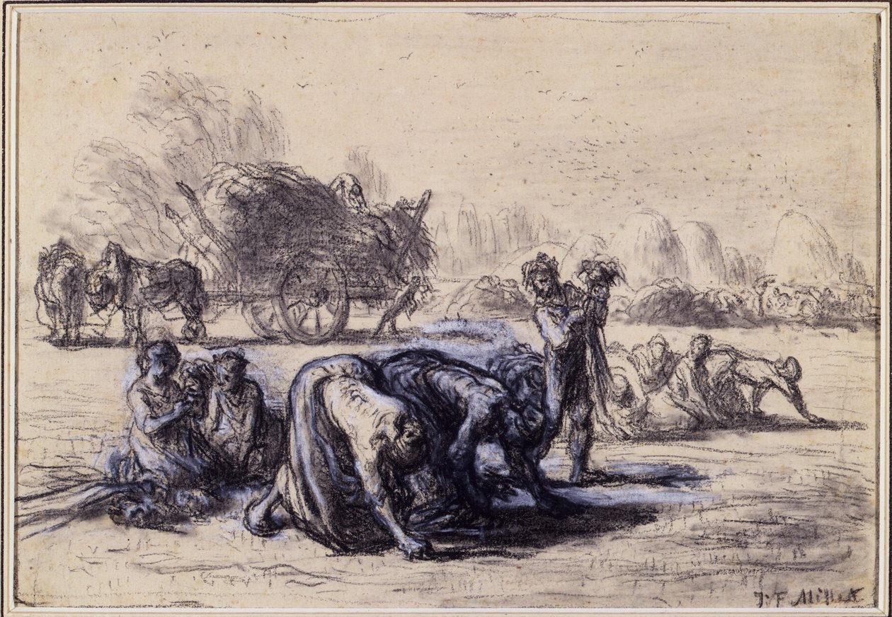 The Month of August: The Gleaners, ca. 1851-52 (svart-hvitt pastell på papir) av Jean Francois Millet