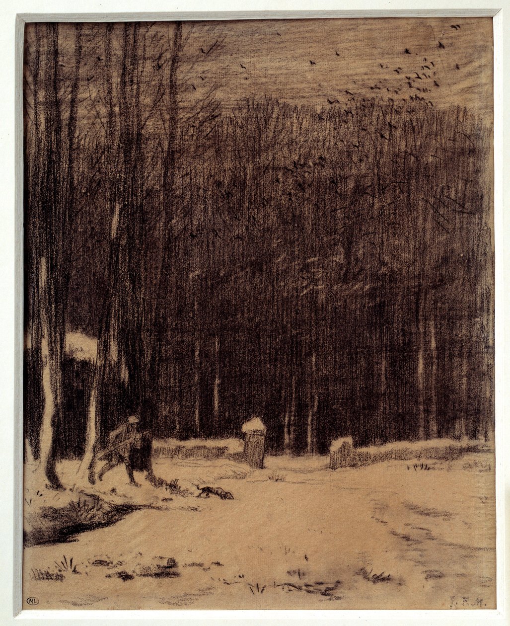 Inngangen til Barbizon-skogen, snøeffekt Svart blyanttegning av Jean Francois Millet (1814-1875) Dim. 0,28 x 0,22 m Paris. Orsay museum av Jean Francois Millet