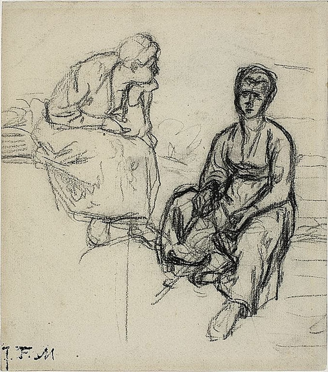 To studier av en sittende bondekvinne (recto); Studie av en ung jente med hatt (verso) av Jean Francois Millet