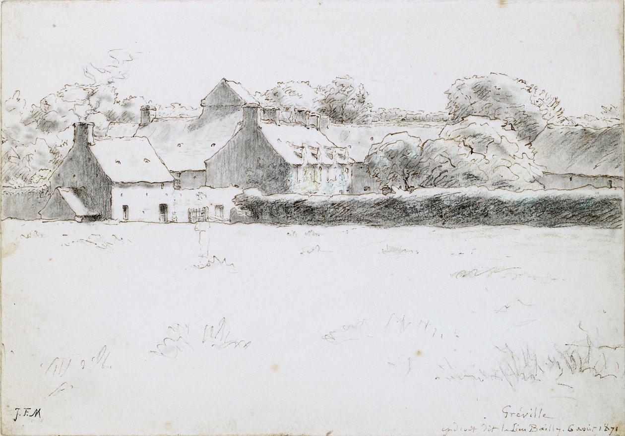 Utsikt over gårdsbygninger over et jorde, 6. august 1871 av Jean Francois Millet