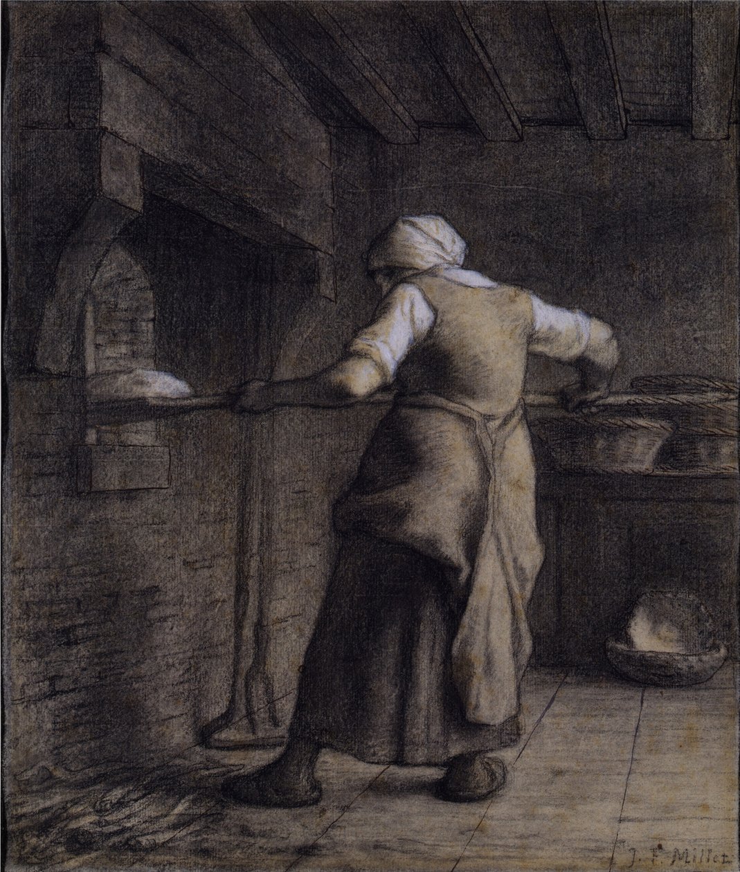 Kvinne baker brød (svart, hvitt og brunt kritt på papir) av Jean Francois Millet