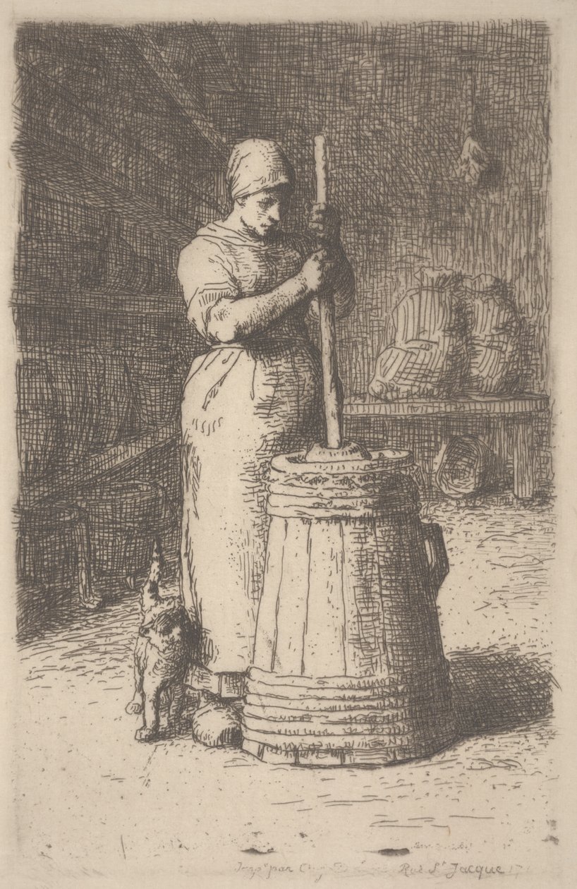 Kvinne som kjerner smør, ca. 1855-56 (etsing) av Jean Francois Millet