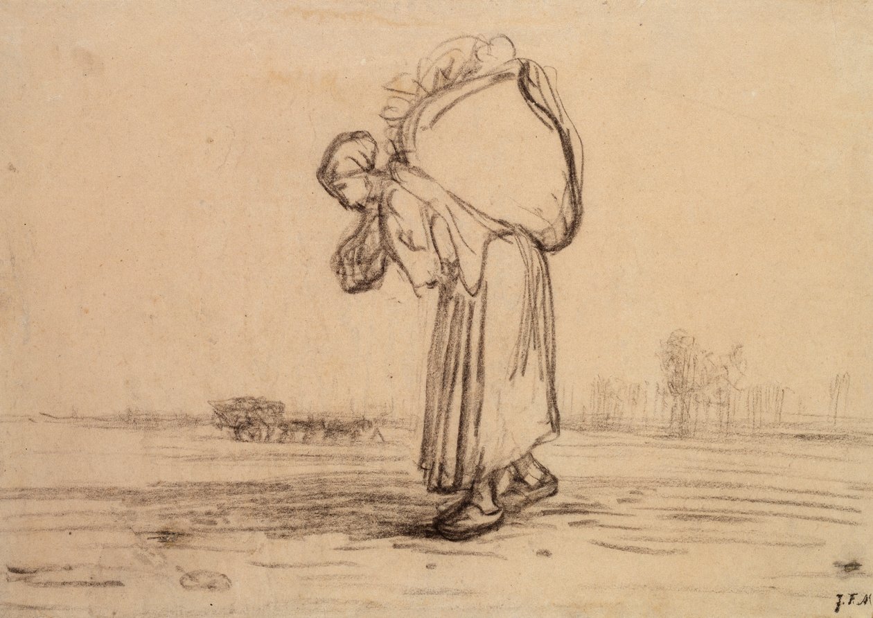 Kvinne som bærer en sekk på ryggen, c1851-1855 av Jean Francois Millet