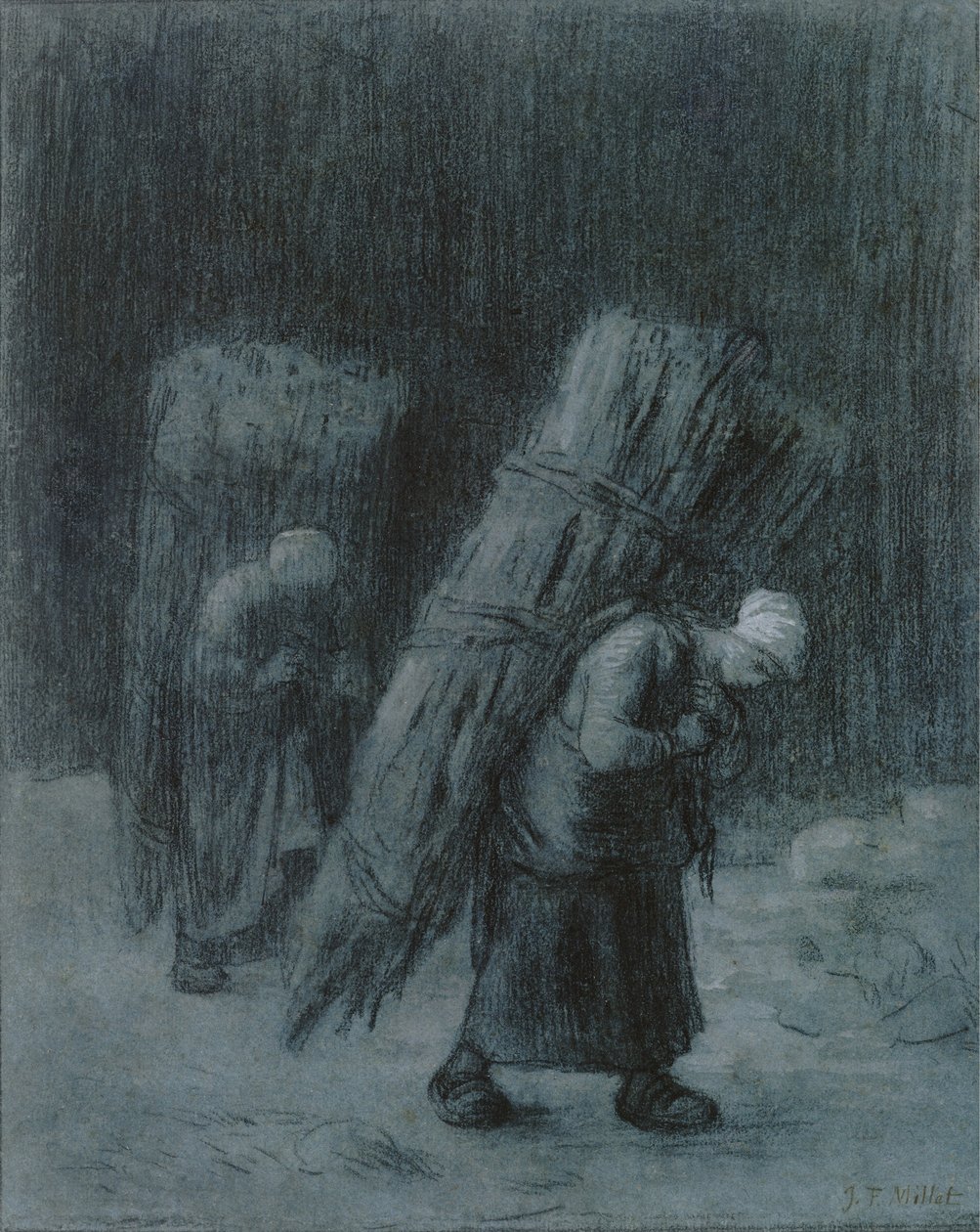 Kvinner som bærer kvister, ca. 1858 (kull forsterket med hvit gouache, kullkant, på tungt lagt gråblått papir) av Jean Francois Millet