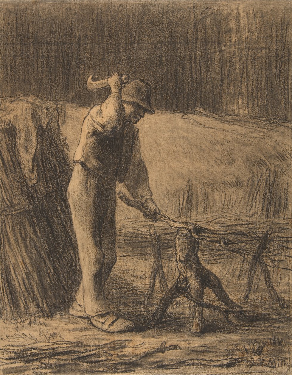 Woodcutter Trimming Twigs, 1853-54 (conté fargestift med stumping på beige lagt papir) av Jean Francois Millet