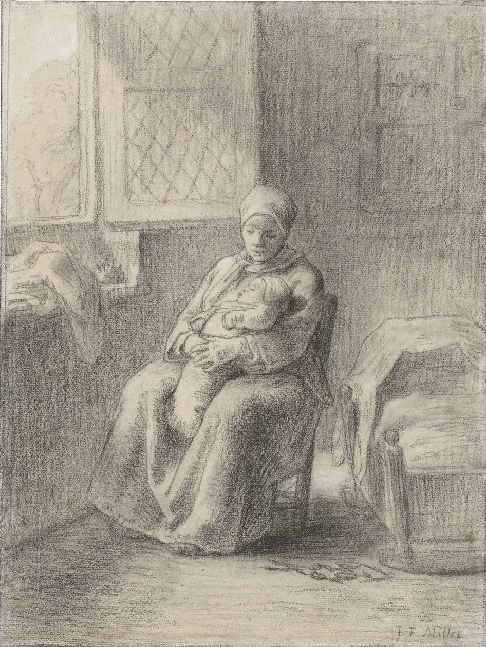 Kvinne sitter med baby ved et åpent vindu av Jean Francois Millet