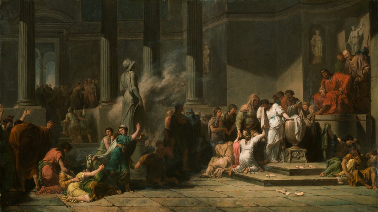 Athenske jenter som trekker lodd for å bestemme hvilke syv av dem som skal sendes til Kreta for å ofre til Minotauren (olje på lerret) av Jean François Pierre Peyron