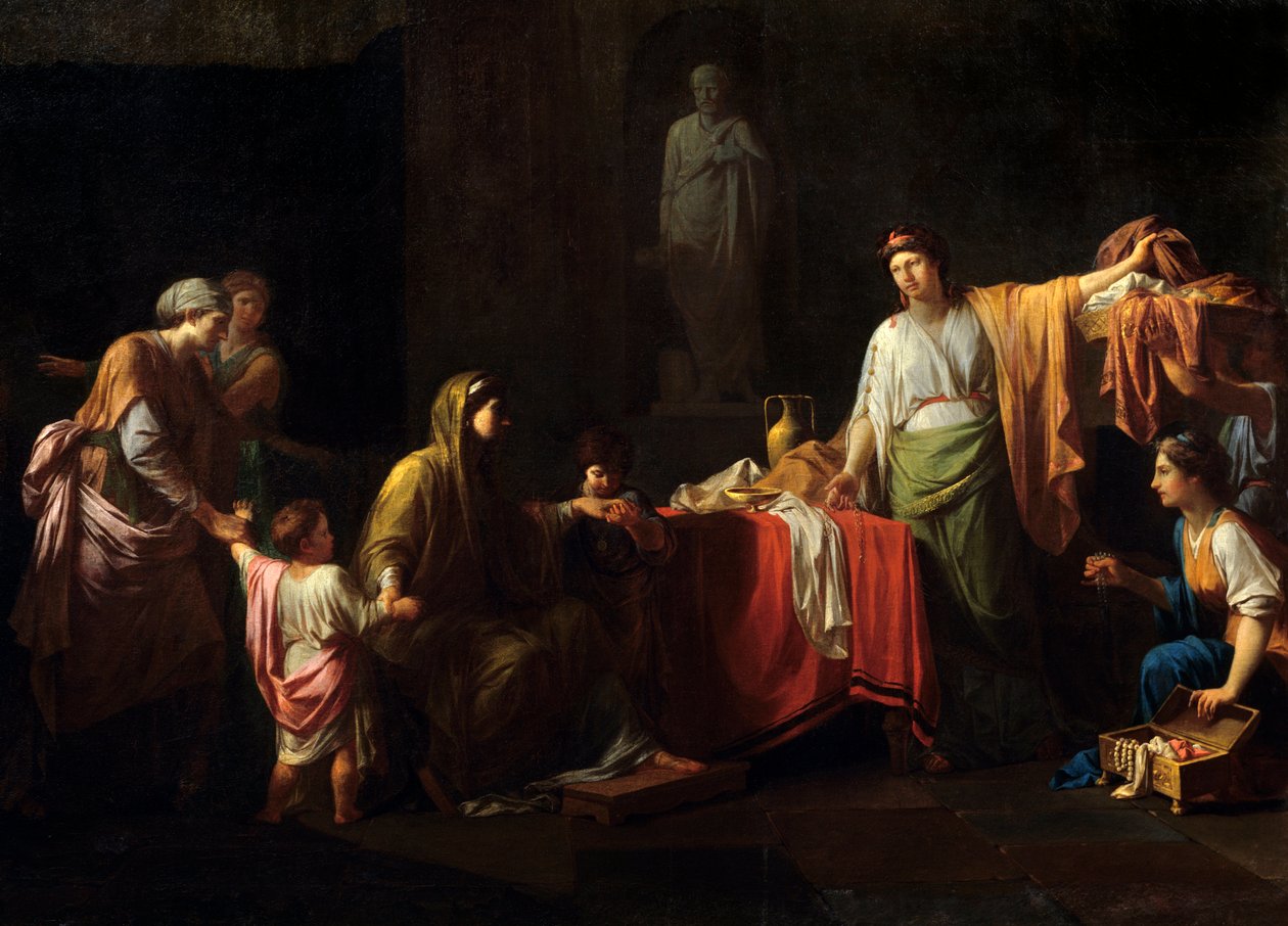 Detalj av: Cornelie (189 - 110 f.Kr.) mor til Gracques - Tiberius Sempronius Gracchus og broren Caius Sempronius Gracchus med kallenavnet Gracques, romerske statsmenn - Maleri av Jean Francois Peyron (1744-1814) av Jean François Pierre Peyron