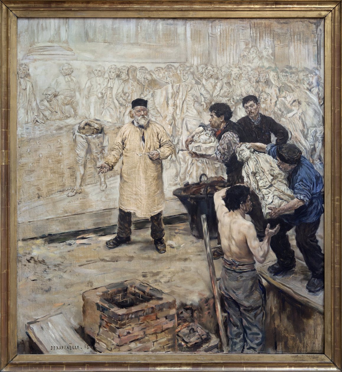 Hos skateren. Oljemaleri på lerret av Jean Francois Raffaelli (1850-1924), grunnleggeren Eugene Gonon (1814-1892) forbereder det tapte voksstøpet av det store relieff laget av Jules Dalou (1838-1902) for Palais Bourbon i Paris (Chamber of Deputer), en skul av Jean Francois Raffaelli