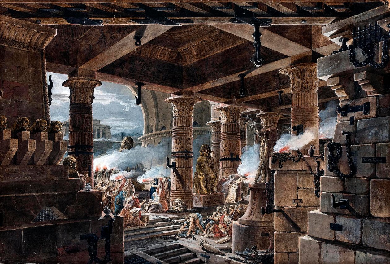 Architectural Fantasy - interiørbilde av et egyptisk tempel av Jean Francois Thomas de Thomon av Jean François Thomas de Thomon