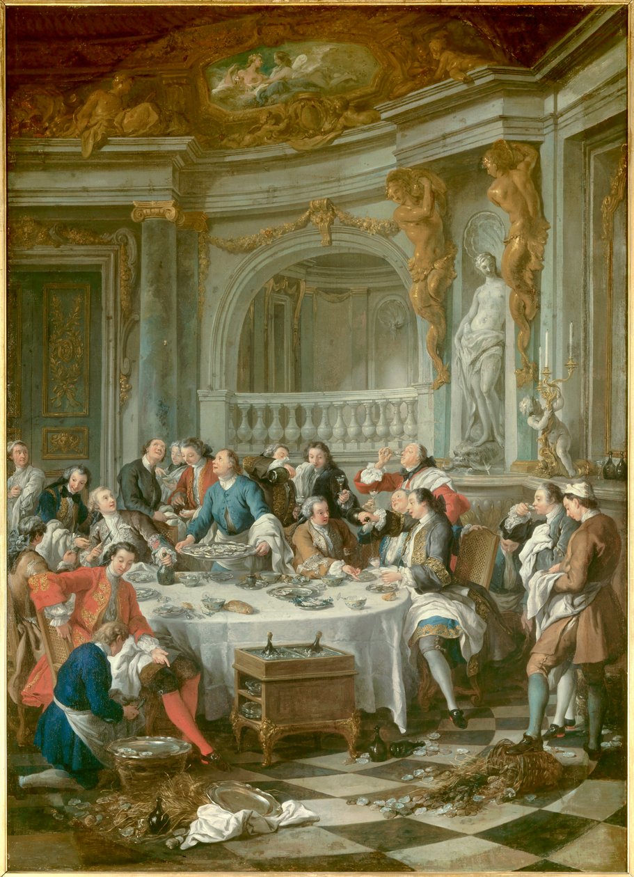Oyster Breakfast En gruppe adelsmenn, utelukkende menn, hengir seg til gastronomisk utskeielse av østers og alkohol. Maleri av Jean Francois De Troy (1679-1752) 1735 Søn. 1,80 x 1,26 m Chantilly, musee Conde - The Oyster Lunch. En østerslunsj for menn: a g av Jean François de Troy