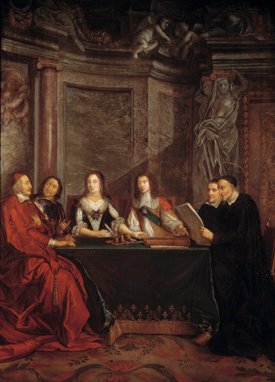Samvittighetsrådet: Saint Vincent de Paul, leder av samvittighetsrådet som leser foran kardinal Jules Mazarin (Giulio Raimondo Mazzarino eller Mazarino) (1602-1661), Pierre Seguier (1588-1672), dronning Anne av Østerrike (1601-1666) ) og Ludvig XIV (1638 av Jean François de Troy