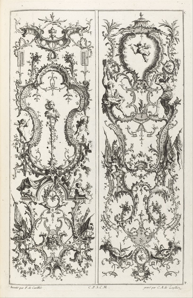 To paneler med grotesk design av Jean François Cuvilliés