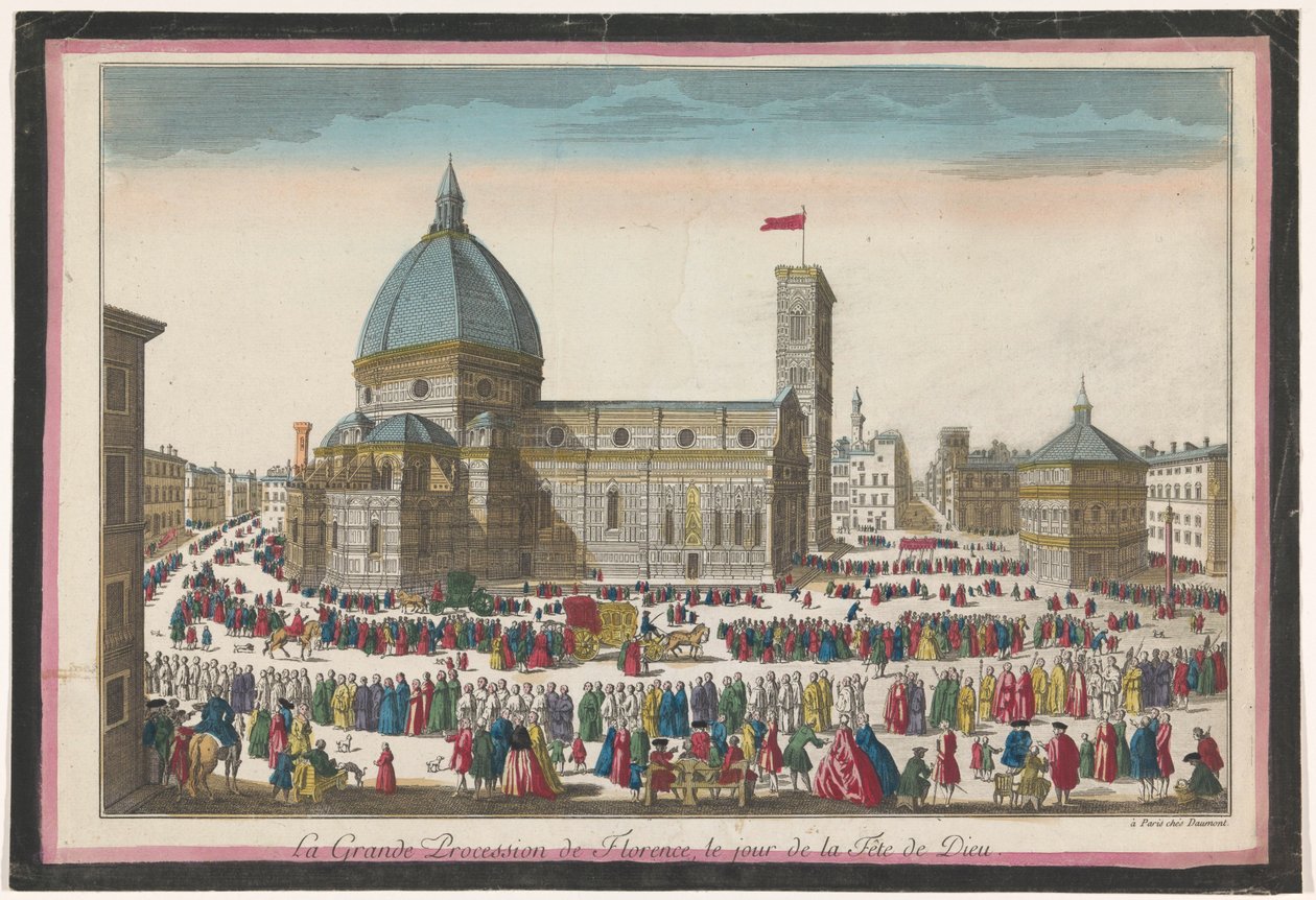 Utsikt over Duomo i Firenze med prosesjon på Corpus Christi La grande procession de Florence, le jour de la fête de Dieu (tittel på objekt) av Jean François Daumont