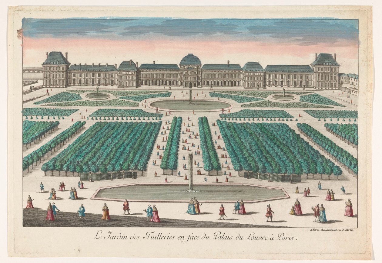 Utsikt over Jardin des Tuileries i Paris sett mot Palais du Louvre Le Jardin des Tuilleries en face du Palais du Louvre à Paris (tittel på objekt) av Jean François Daumont