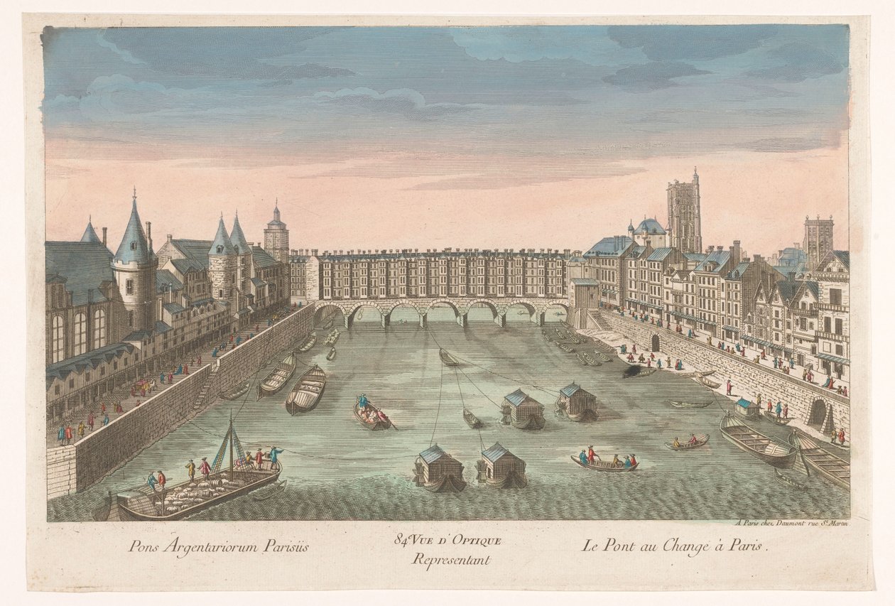 Utsikt over den bebygde Pont au Change over elven Seinen i Paris 84e. Vue d'optique-representant le Pont au Change i Paris (tittel på objekt) av Jean François Daumont